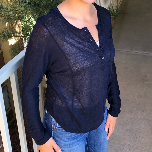 Vince Tops - Vince Sheer Navy Linen Long Sleeve V Neck